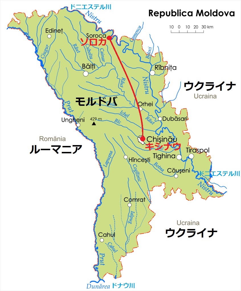 ソロカの位置図。モルドバの東部を流れるドニエステル川はルーマニア語でNistru。その東側（左岸）が事実上の分離国家となっているロシア系のトランスニストリア（沿ドニエストル・モルドバ共和国）領域。Map: Krzysztof, Wikimedia Commons, CC BY-SA 2.5