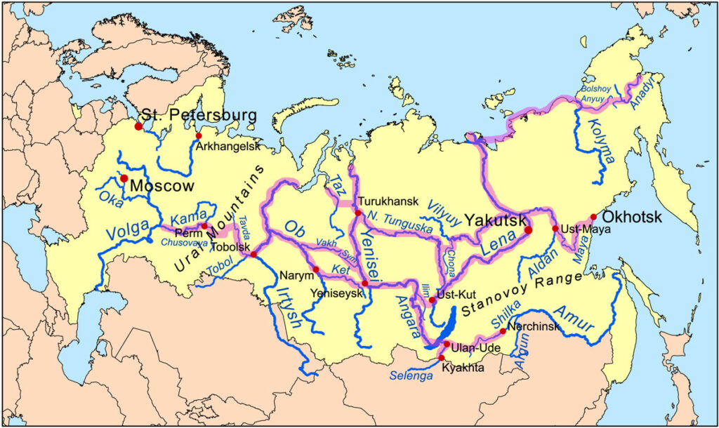 モスクワからシベリアに至る主要河川交通ルート
