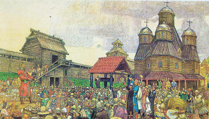 中世都市プスコフの民会（ヴェーチェ）の様子を描いた絵画