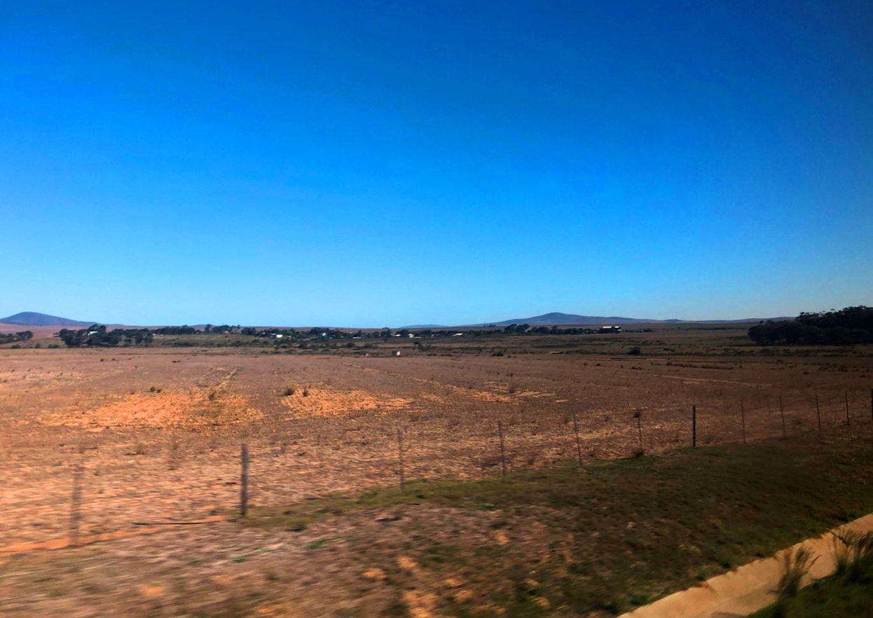 ケープタウンを出た後は、だいたいこのような風景が続く。最初は農地、牧場も見るが、しだいに乾燥地帯、サバンナ的風景になっていく  © 岡部一明